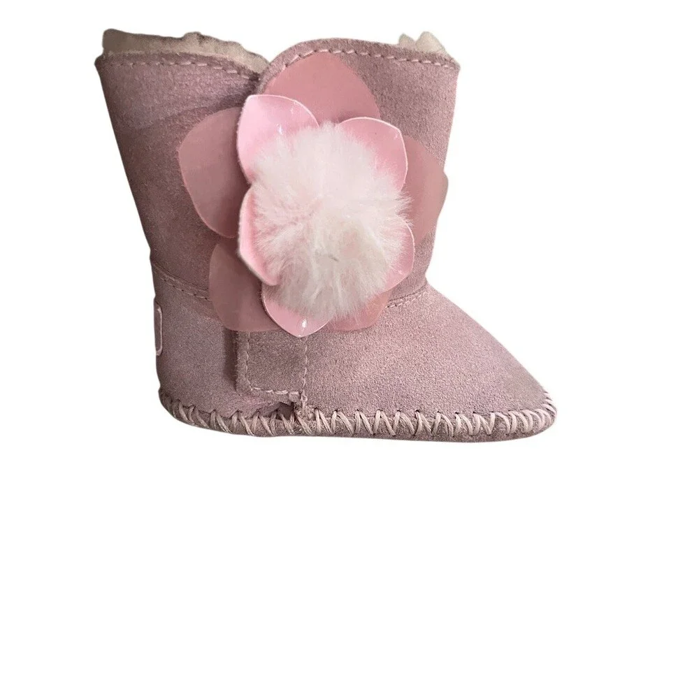 UGG Baby Girls Booties Pink Flower Pom Detail Size 0/1